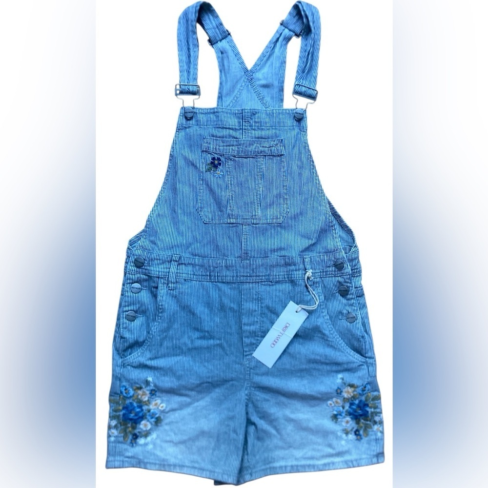 DRIFTWOOD Overall Shorts NWT Womens Medium White Blue Stripe Embroidered Floral
